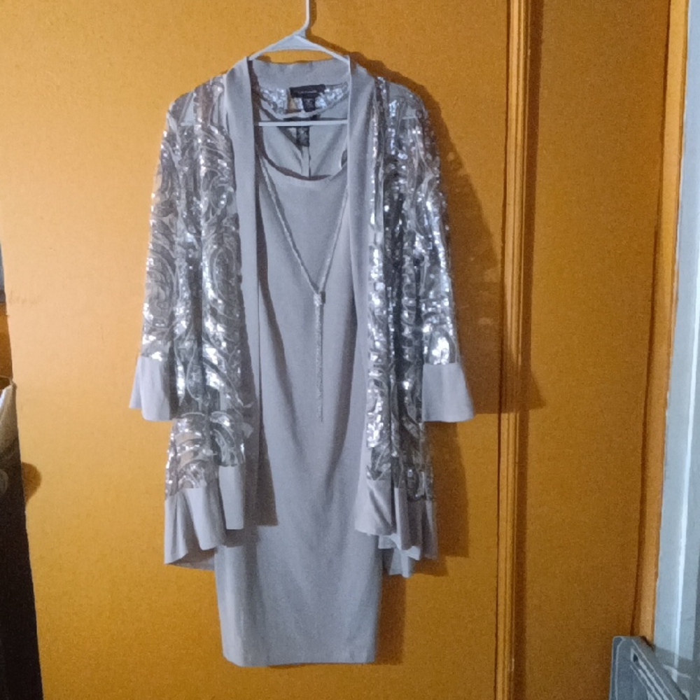 R&M Richards Silver Sequin Jacket with Light Gray Dress
